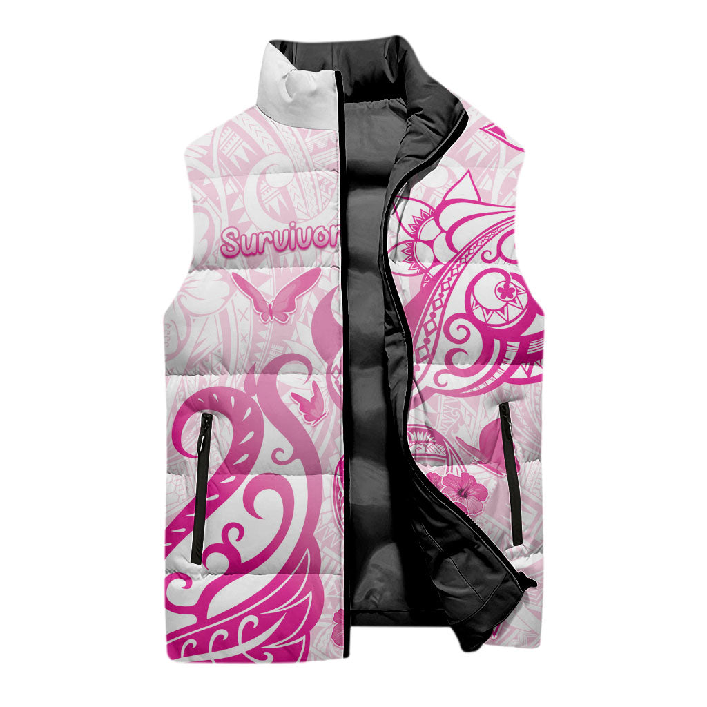 Personalised Breast Cancer Support Sleeveless Puffer Jacket Ribbon Polynesian Pattern White Version