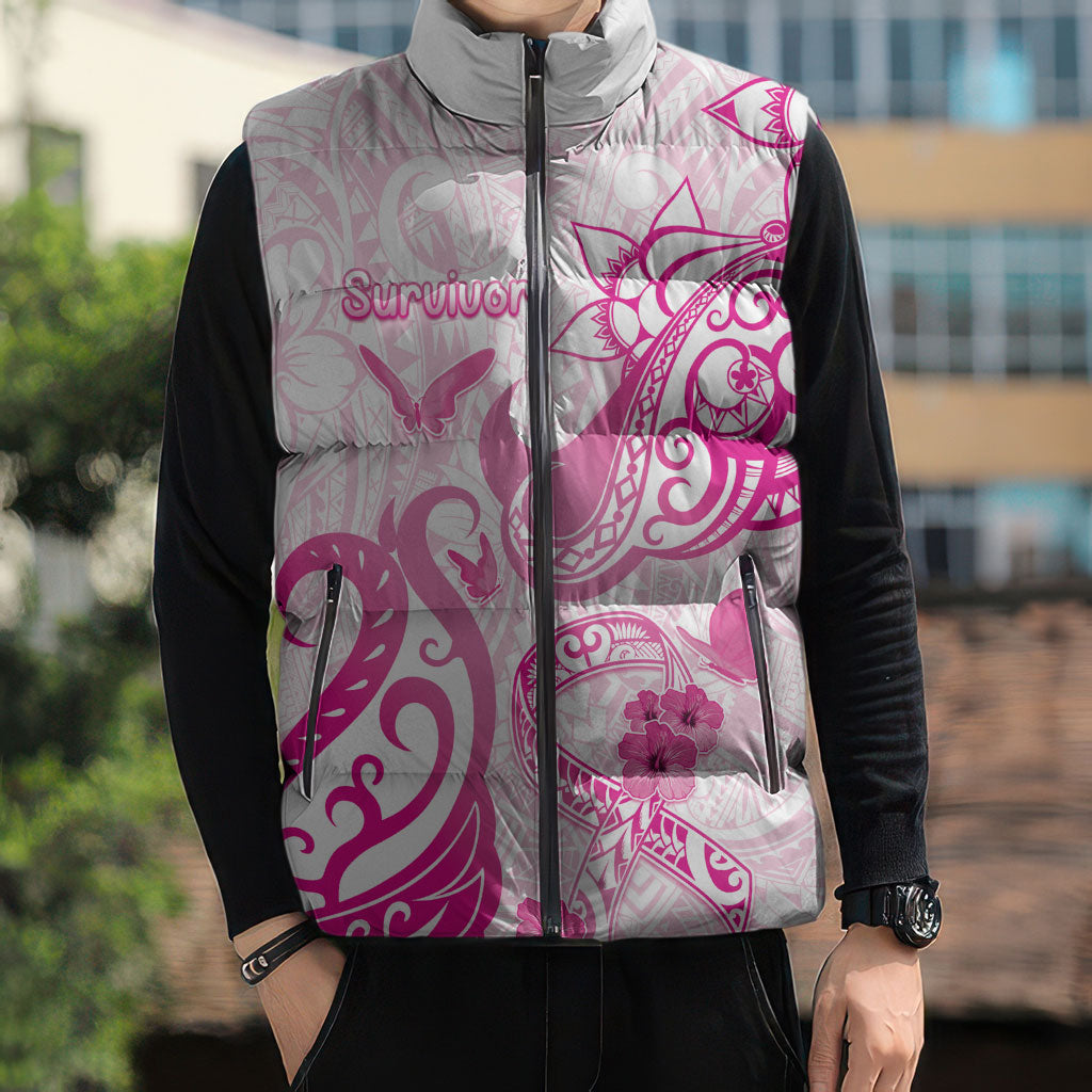 Personalised Breast Cancer Support Sleeveless Puffer Jacket Ribbon Polynesian Pattern White Version