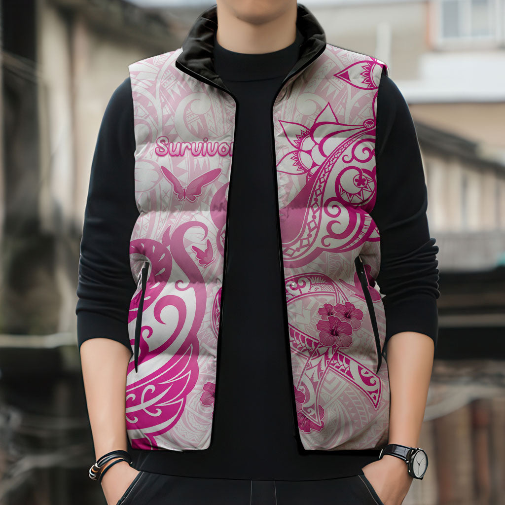 Personalised Breast Cancer Support Sleeveless Puffer Jacket Ribbon Polynesian Pattern White Version
