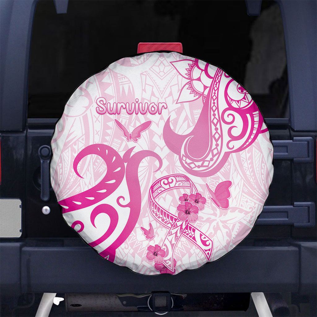 Breast Cancer Support Spare Tire Cover Ribbon Polynesian Pattern White Version
