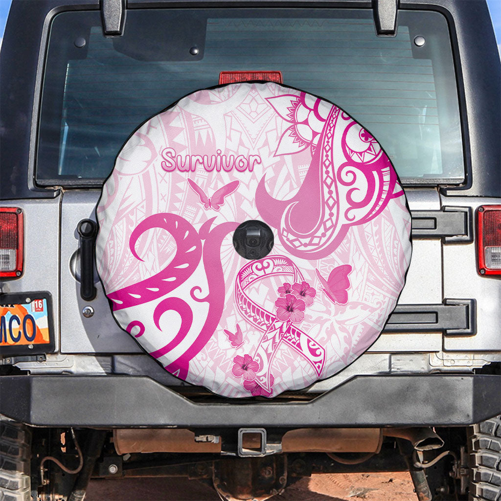 Breast Cancer Support Spare Tire Cover Ribbon Polynesian Pattern White Version