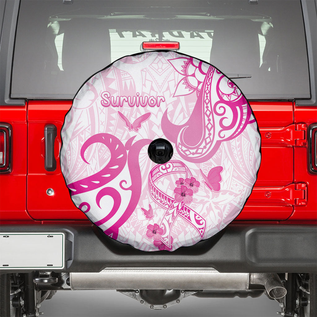Breast Cancer Support Spare Tire Cover Ribbon Polynesian Pattern White Version
