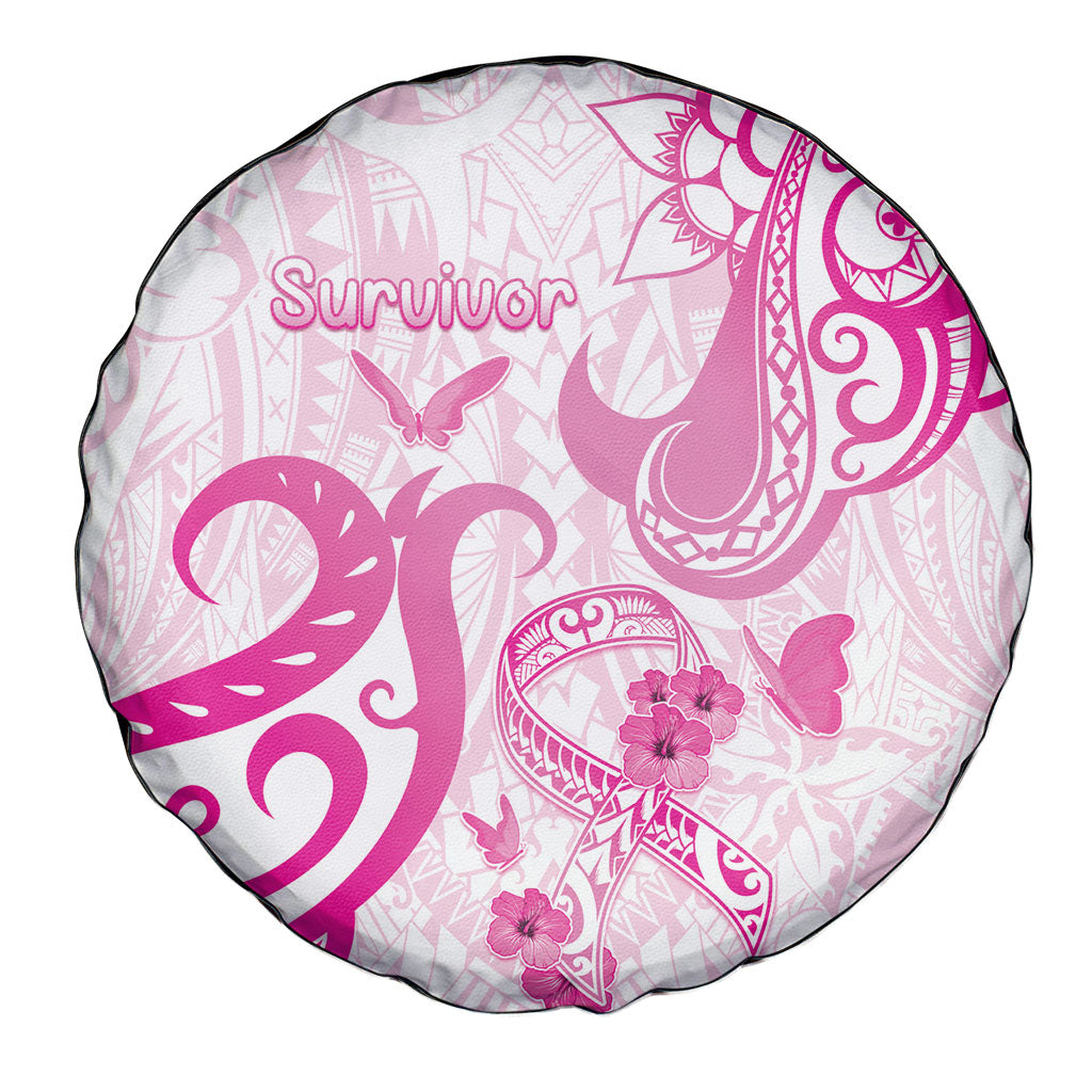 Breast Cancer Support Spare Tire Cover Ribbon Polynesian Pattern White Version