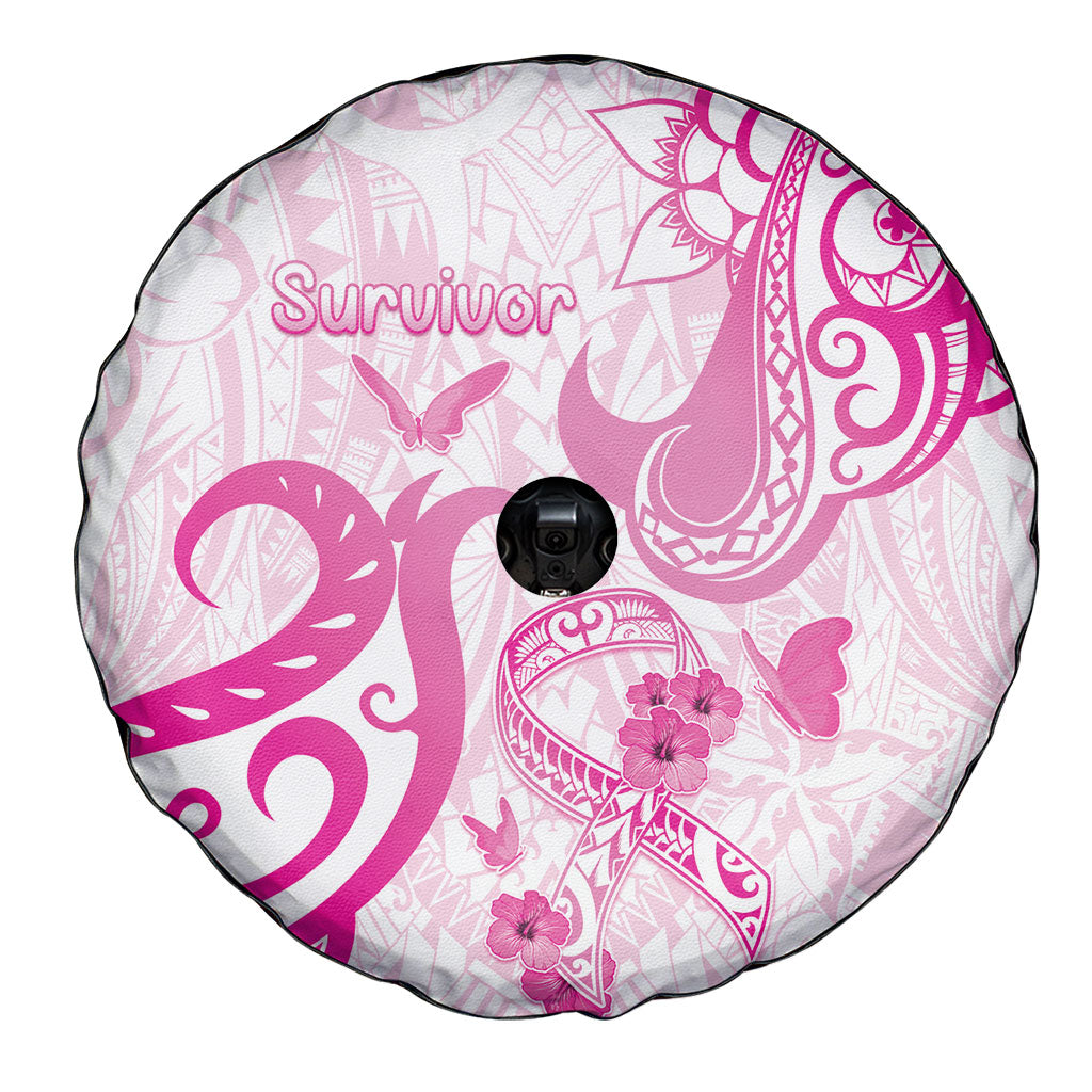 Breast Cancer Support Spare Tire Cover Ribbon Polynesian Pattern White Version
