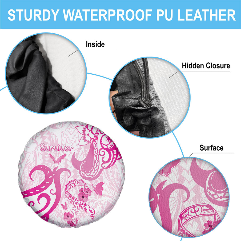 Breast Cancer Support Spare Tire Cover Ribbon Polynesian Pattern White Version