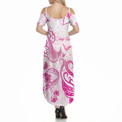 Personalised Breast Cancer Support Summer Maxi Dress Ribbon Polynesian Pattern White Version