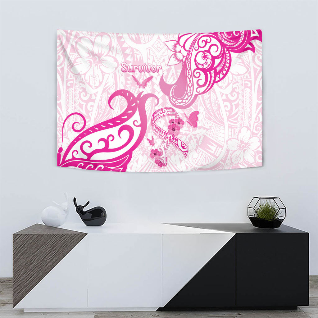 Breast Cancer Support Tapestry Ribbon Polynesian Pattern White Version