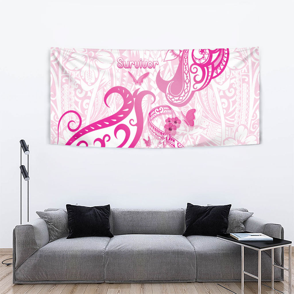 Breast Cancer Support Tapestry Ribbon Polynesian Pattern White Version