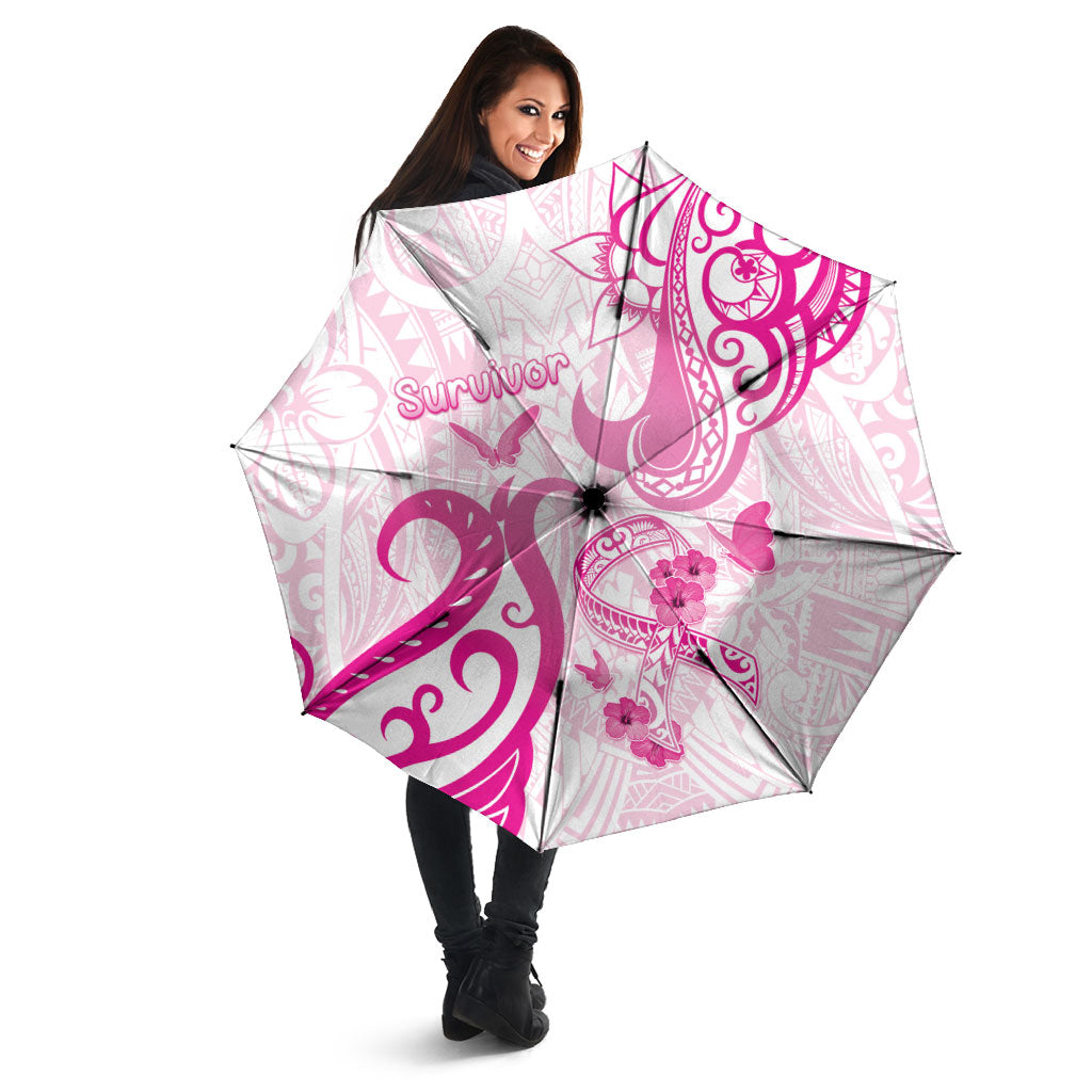 Breast Cancer Support Umbrella Ribbon Polynesian Pattern White Version