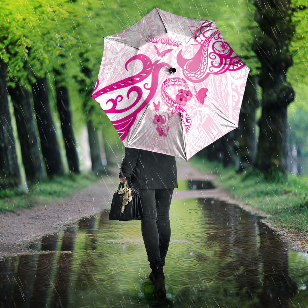 Breast Cancer Support Umbrella Ribbon Polynesian Pattern White Version