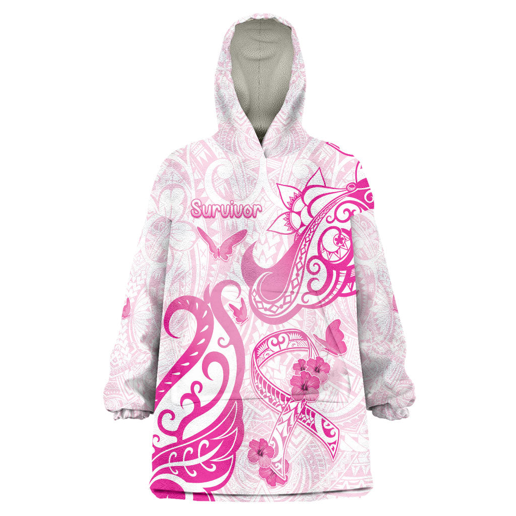 Personalised Breast Cancer Support Wearable Blanket Hoodie Ribbon Polynesian Pattern White Version