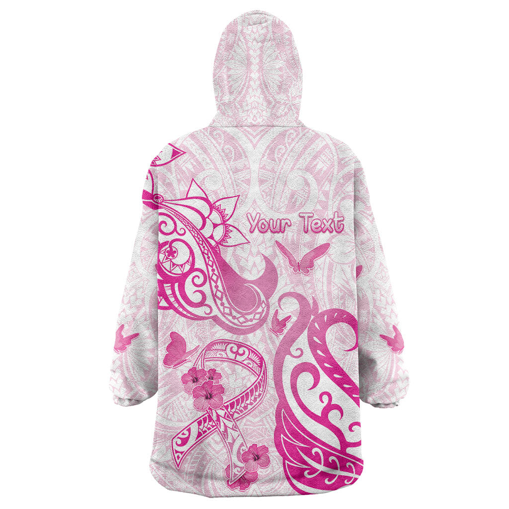 Personalised Breast Cancer Support Wearable Blanket Hoodie Ribbon Polynesian Pattern White Version