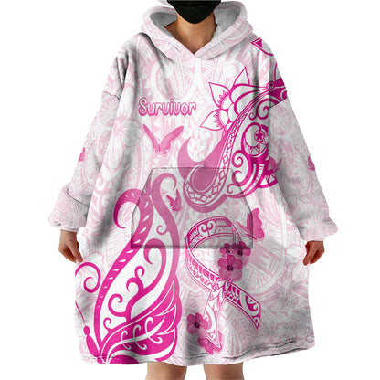 Personalised Breast Cancer Support Wearable Blanket Hoodie Ribbon Polynesian Pattern White Version