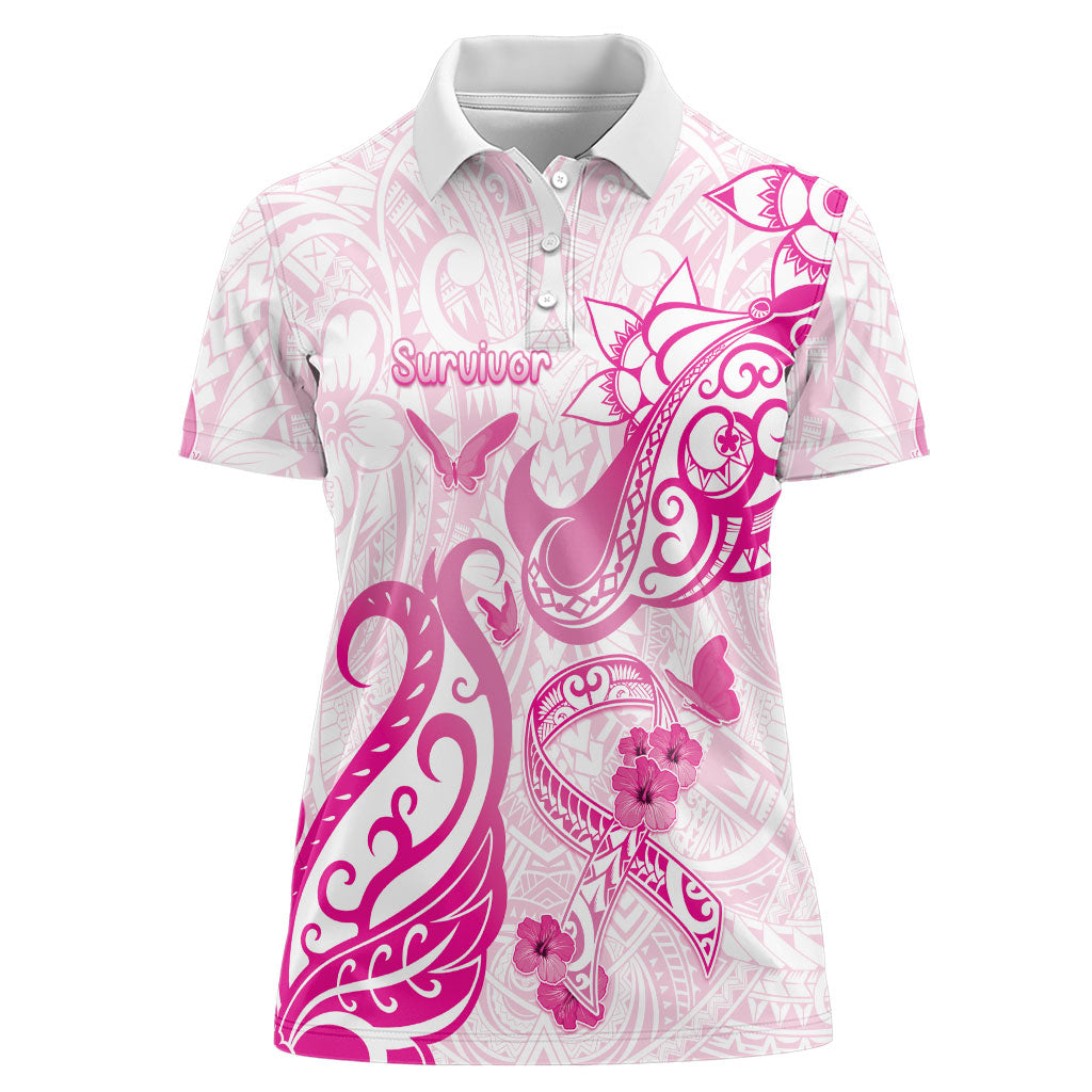 Personalised Breast Cancer Support Women Polo Shirt Ribbon Polynesian Pattern White Version