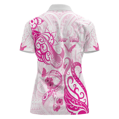 Personalised Breast Cancer Support Women Polo Shirt Ribbon Polynesian Pattern White Version