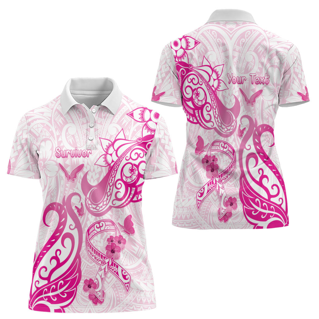 Personalised Breast Cancer Support Women Polo Shirt Ribbon Polynesian Pattern White Version