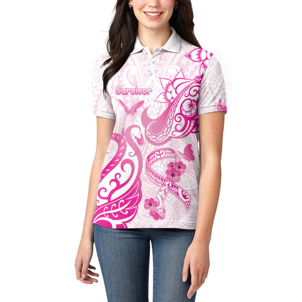 Personalised Breast Cancer Support Women Polo Shirt Ribbon Polynesian Pattern White Version
