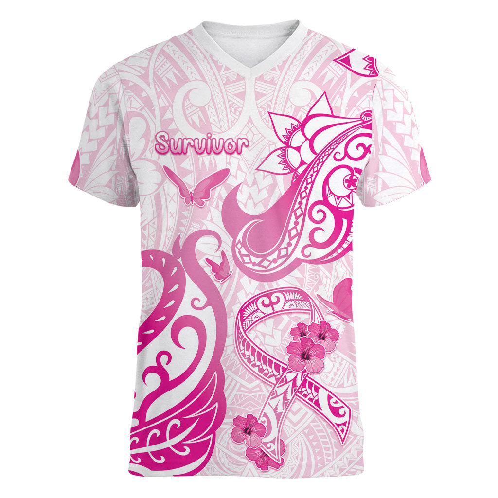 Personalised Breast Cancer Support Women V-Neck T-Shirt Ribbon Polynesian Pattern White Version