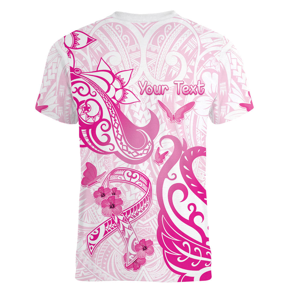 Personalised Breast Cancer Support Women V-Neck T-Shirt Ribbon Polynesian Pattern White Version