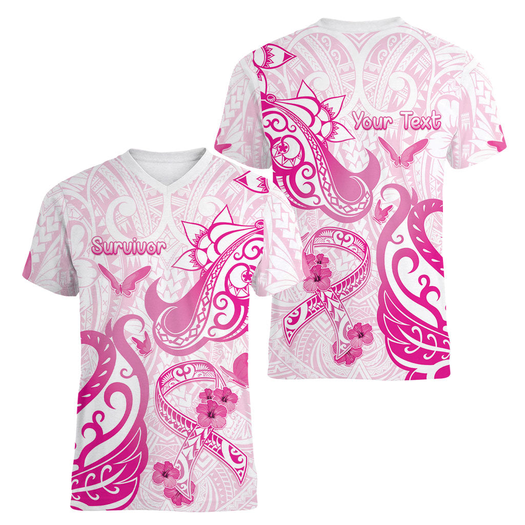 Personalised Breast Cancer Support Women V-Neck T-Shirt Ribbon Polynesian Pattern White Version