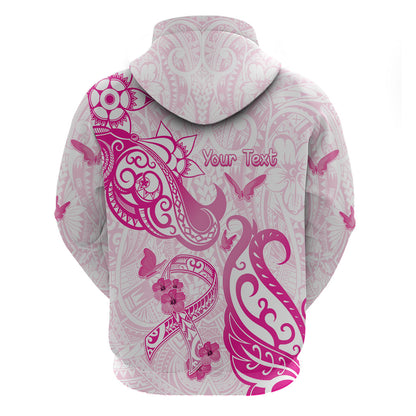 Personalised Breast Cancer Support Zip Hoodie Ribbon Polynesian Pattern White Version