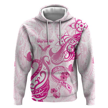 Personalised Breast Cancer Support Zip Hoodie Ribbon Polynesian Pattern White Version