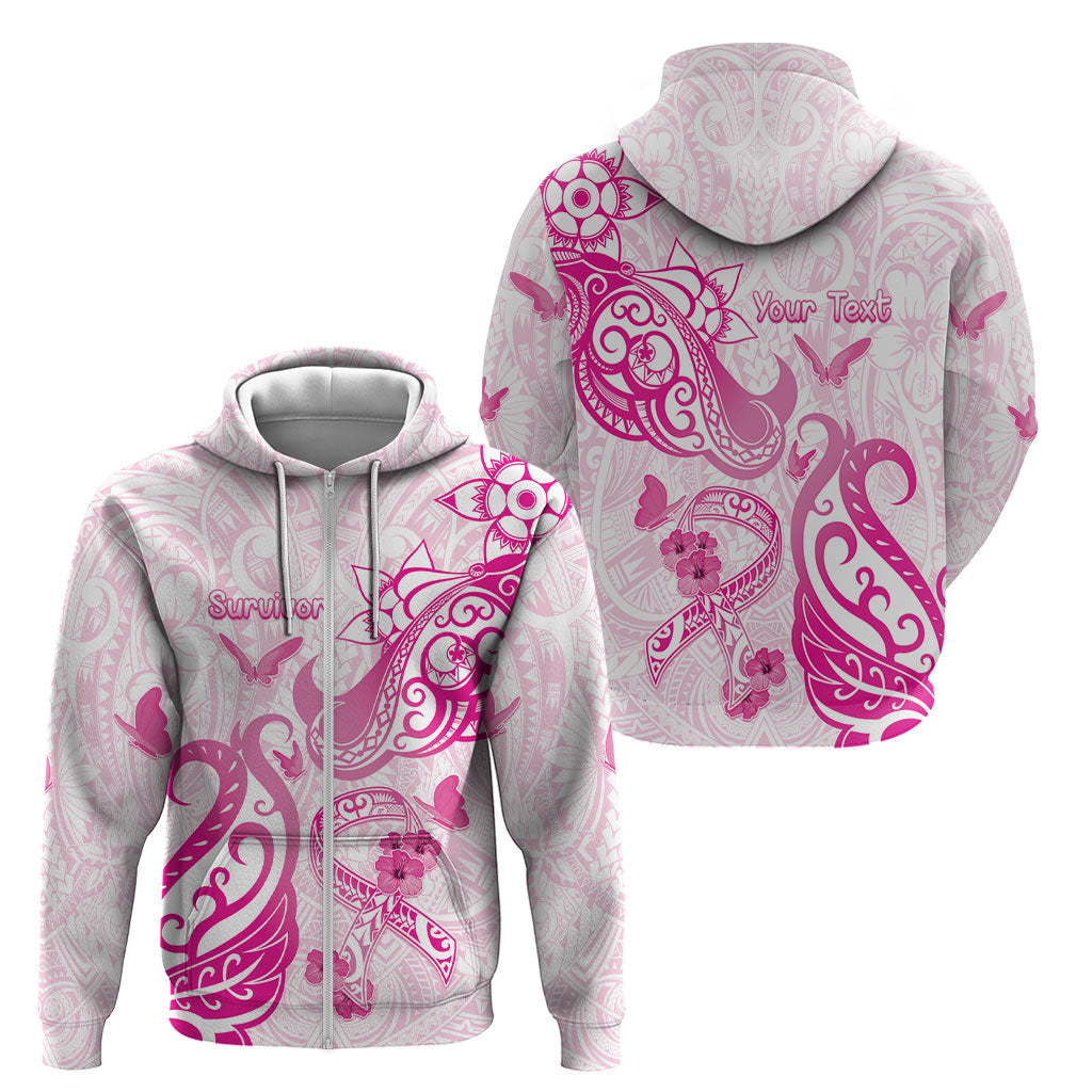 Personalised Breast Cancer Support Zip Hoodie Ribbon Polynesian Pattern White Version