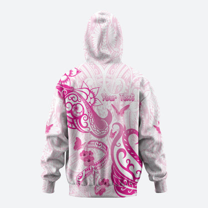 Personalised Breast Cancer Support Zip Hoodie Ribbon Polynesian Pattern White Version
