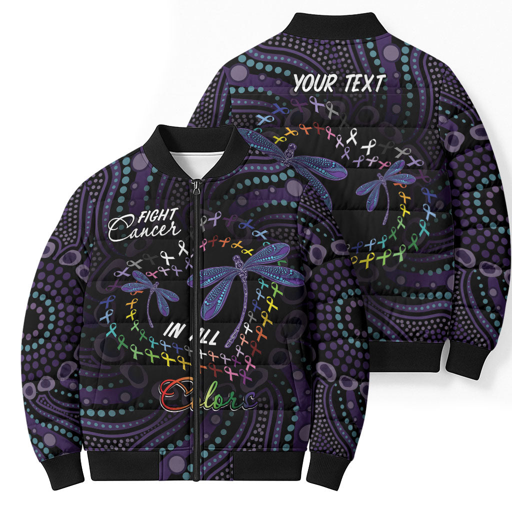 Fight Cancer In All Colors Australia Indigenous Personalized Bomber Puffer Jacket Dragonflies Aboriginal Art