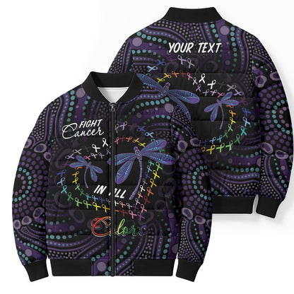 Fight Cancer In All Colors Australia Indigenous Personalized Bomber Puffer Jacket Dragonflies Aboriginal Art