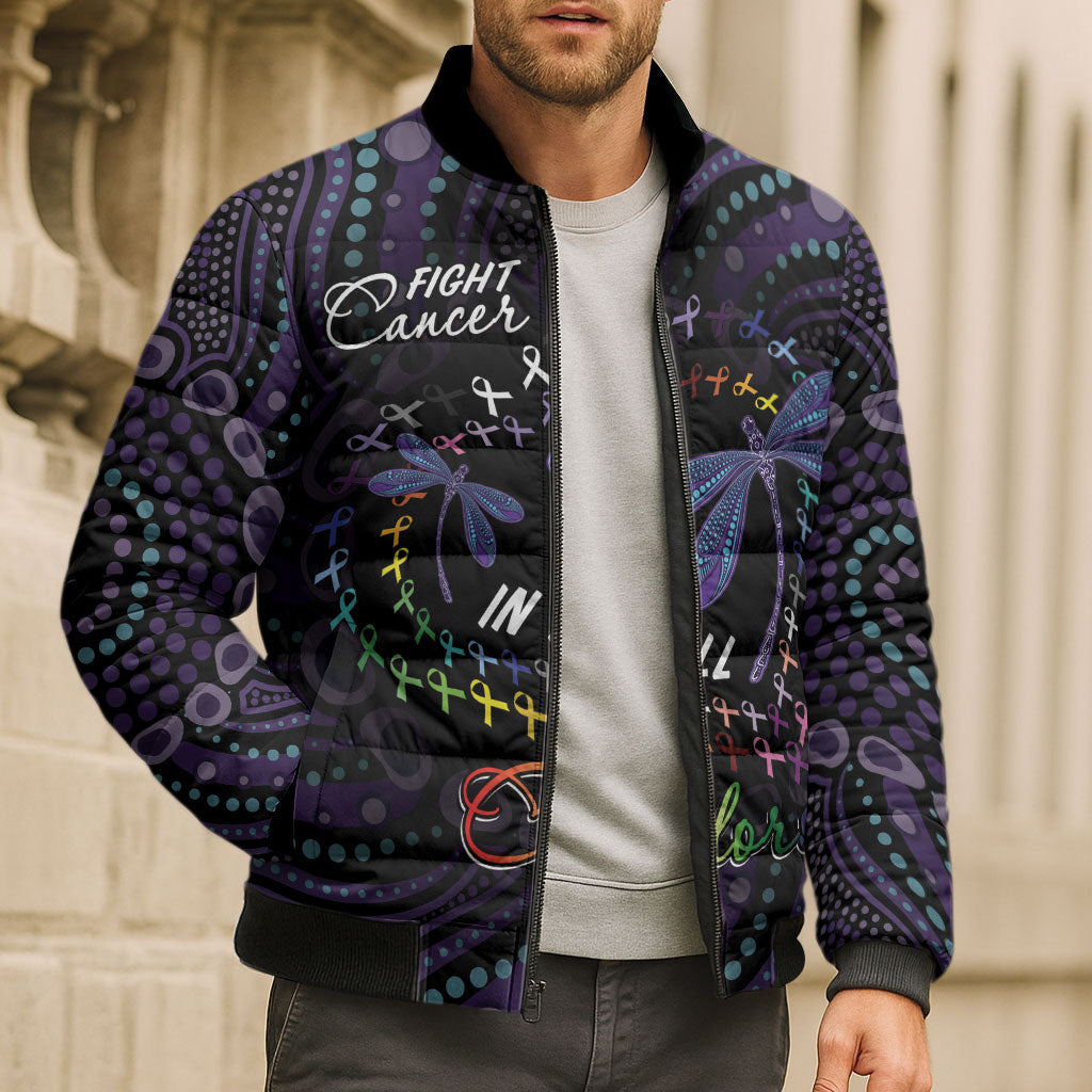 Fight Cancer In All Colors Australia Indigenous Personalized Bomber Puffer Jacket Dragonflies Aboriginal Art