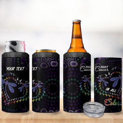 Fight Cancer In All Colors Australia Indigenous Personalized 4 in 1 Can Cooler Tumbler Dragonflies Aboriginal Art