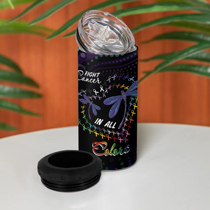 Fight Cancer In All Colors Australia Indigenous Personalized 4 in 1 Can Cooler Tumbler Dragonflies Aboriginal Art