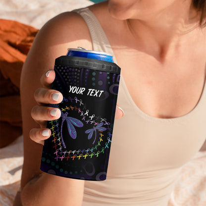 Fight Cancer In All Colors Australia Indigenous Personalized 4 in 1 Can Cooler Tumbler Dragonflies Aboriginal Art