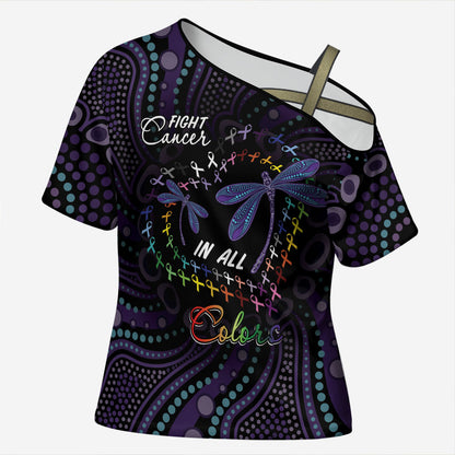 Fight Cancer In All Colors Australia Indigenous Personalized Cross Shoulder Shirt Dragonflies Aboriginal Art
