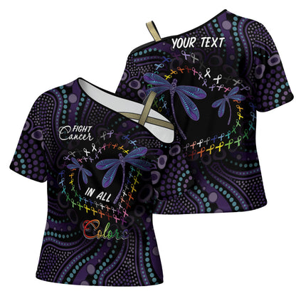 Fight Cancer In All Colors Australia Indigenous Personalized Cross Shoulder Shirt Dragonflies Aboriginal Art