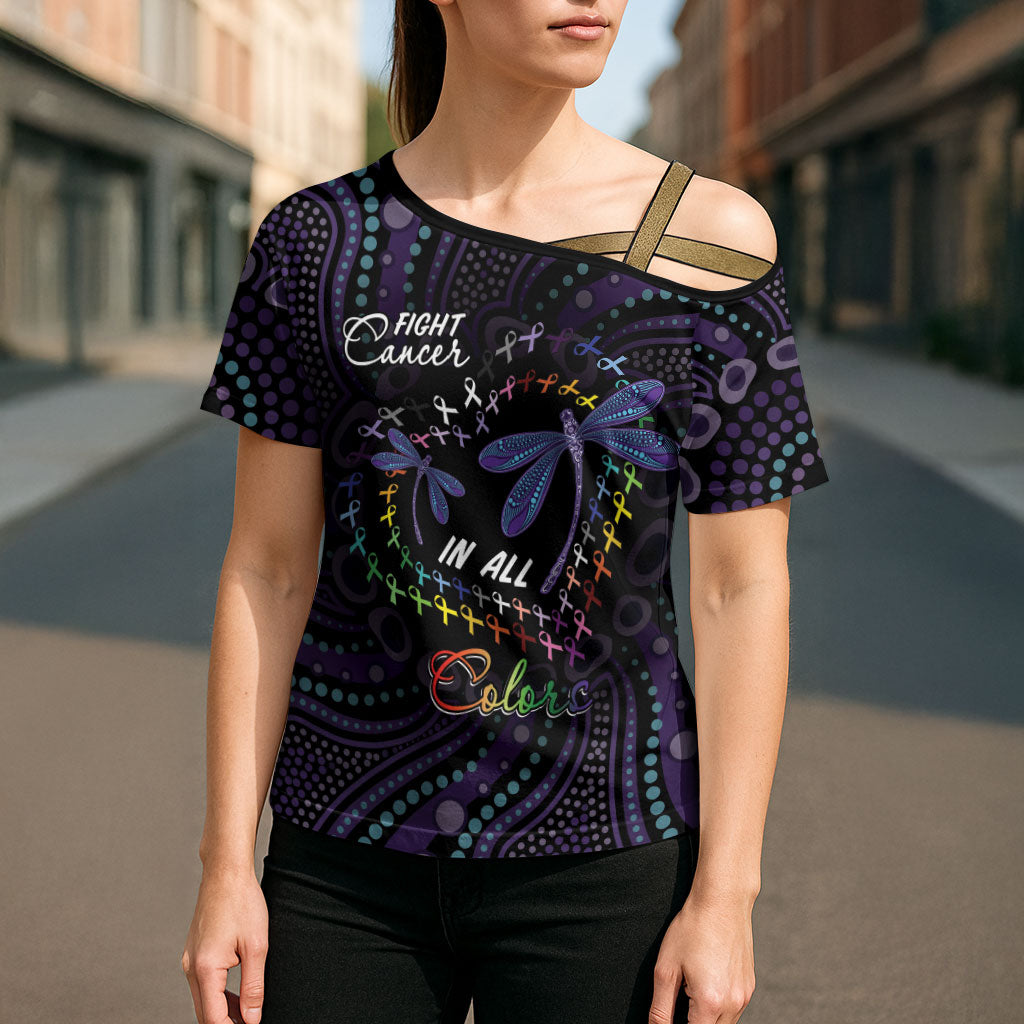 Fight Cancer In All Colors Australia Indigenous Personalized Cross Shoulder Shirt Dragonflies Aboriginal Art