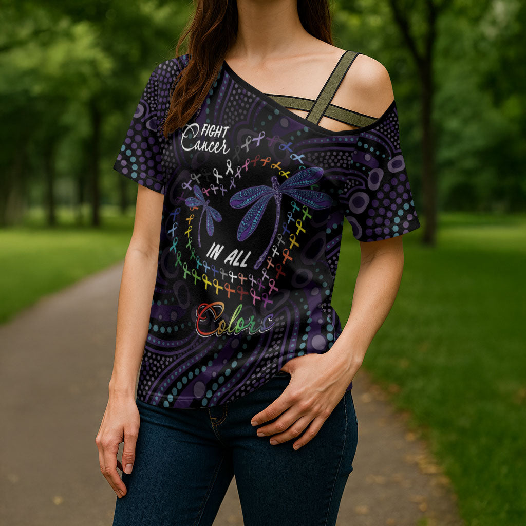 Fight Cancer In All Colors Australia Indigenous Personalized Cross Shoulder Shirt Dragonflies Aboriginal Art