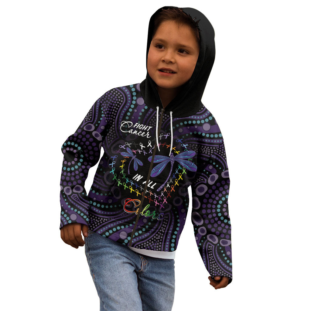 Fight Cancer In All Colors Australia Indigenous Personalized Kid Hoodie Dragonflies Aboriginal Art