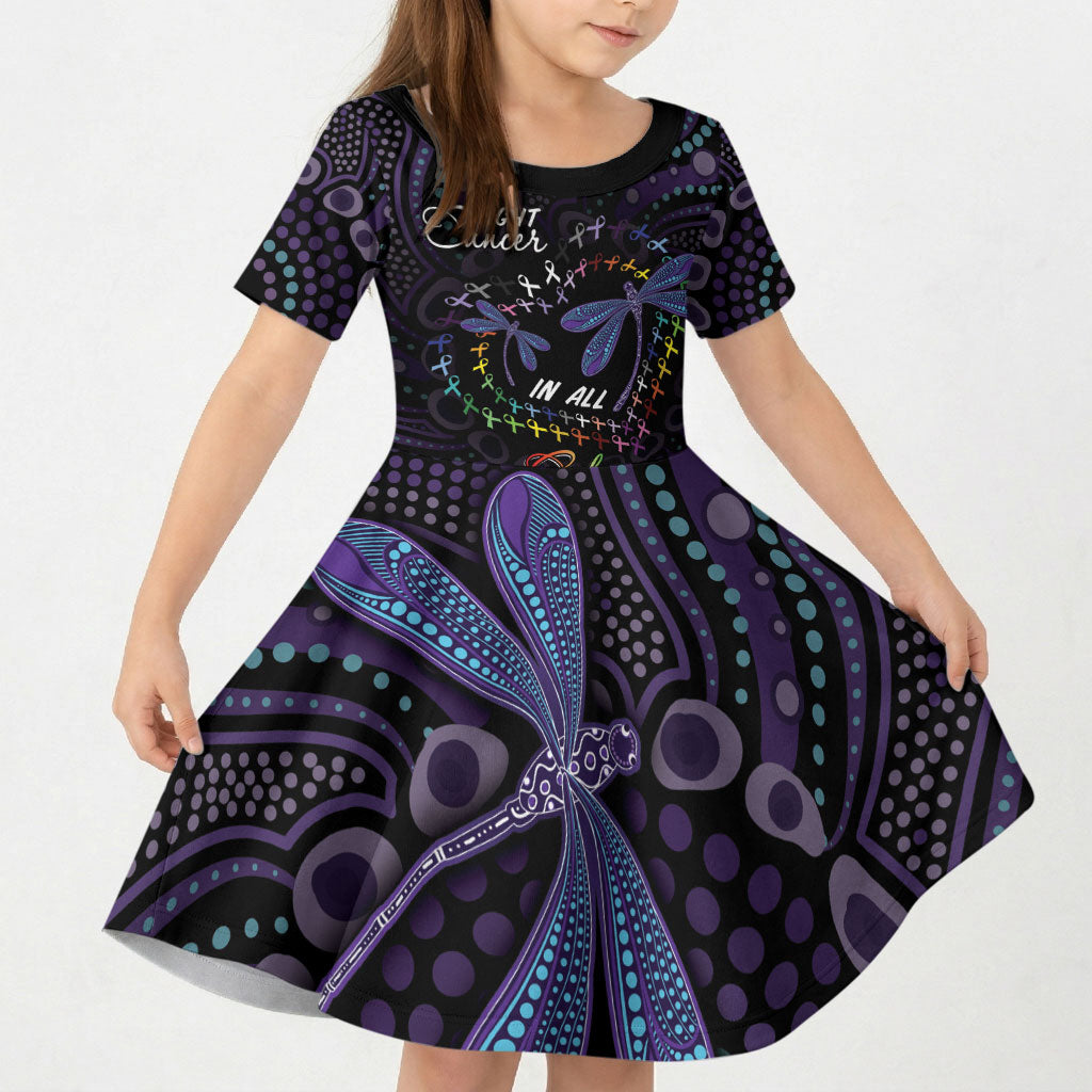 Fight Cancer In All Colors Australia Indigenous Personalized Kid Short Sleeve Dress Dragonflies Aboriginal Art