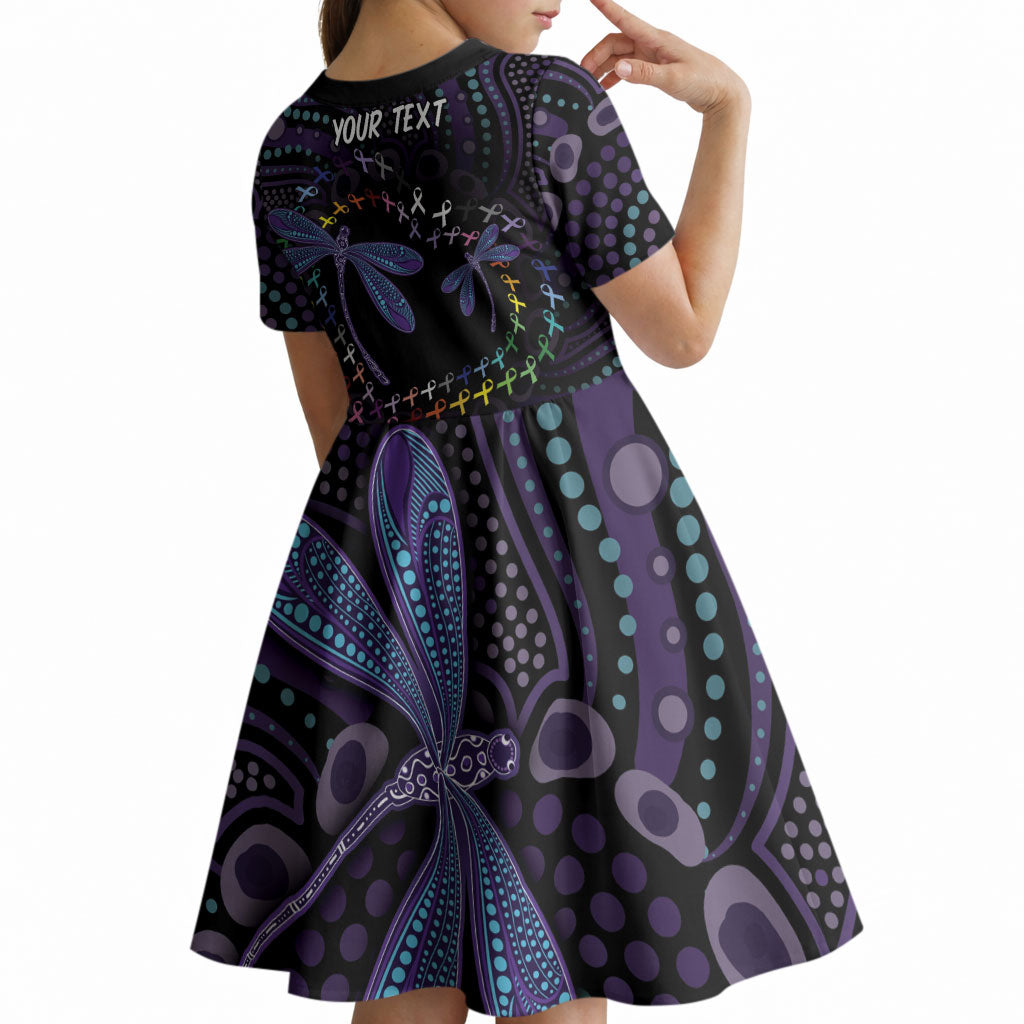 Fight Cancer In All Colors Australia Indigenous Personalized Kid Short Sleeve Dress Dragonflies Aboriginal Art