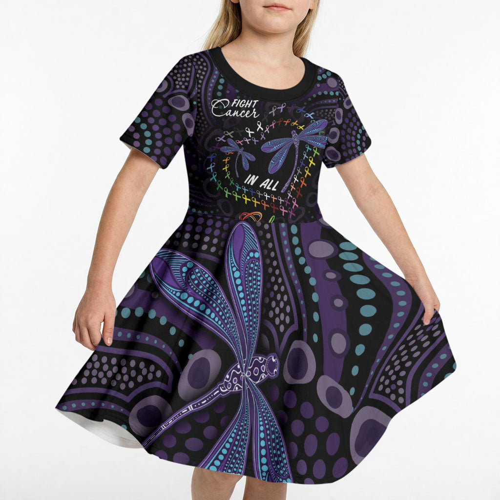 Fight Cancer In All Colors Australia Indigenous Personalized Kid Short Sleeve Dress Dragonflies Aboriginal Art