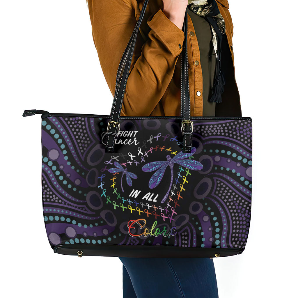 Fight Cancer In All Colors Australia Indigenous Leather Tote Bag Dragonflies Aboriginal Art