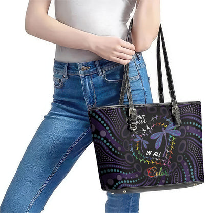 Fight Cancer In All Colors Australia Indigenous Leather Tote Bag Dragonflies Aboriginal Art