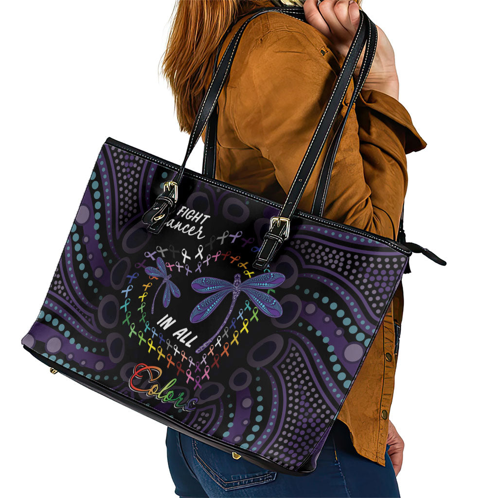 Fight Cancer In All Colors Australia Indigenous Leather Tote Bag Dragonflies Aboriginal Art