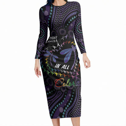 Fight Cancer In All Colors Australia Indigenous Personalized Long Sleeve Bodycon Dress Dragonflies Aboriginal Art