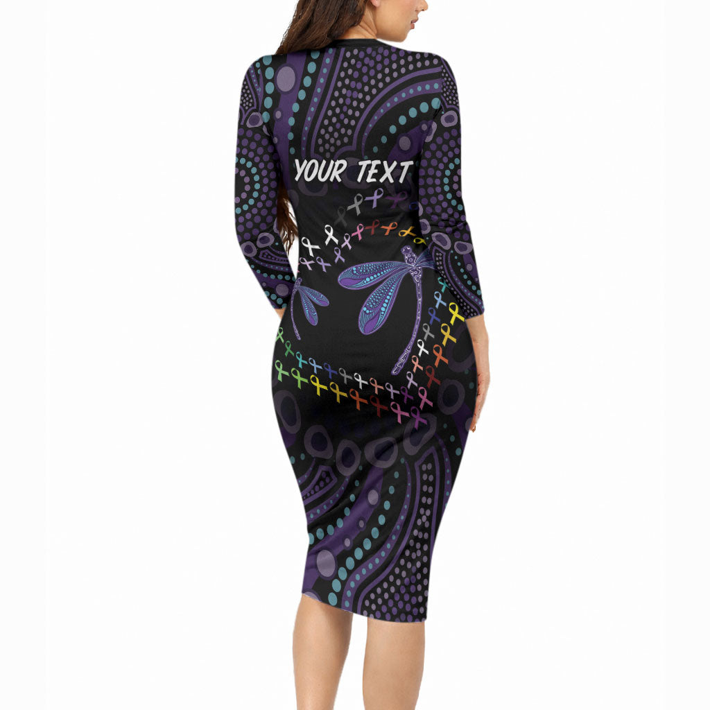 Fight Cancer In All Colors Australia Indigenous Personalized Long Sleeve Bodycon Dress Dragonflies Aboriginal Art