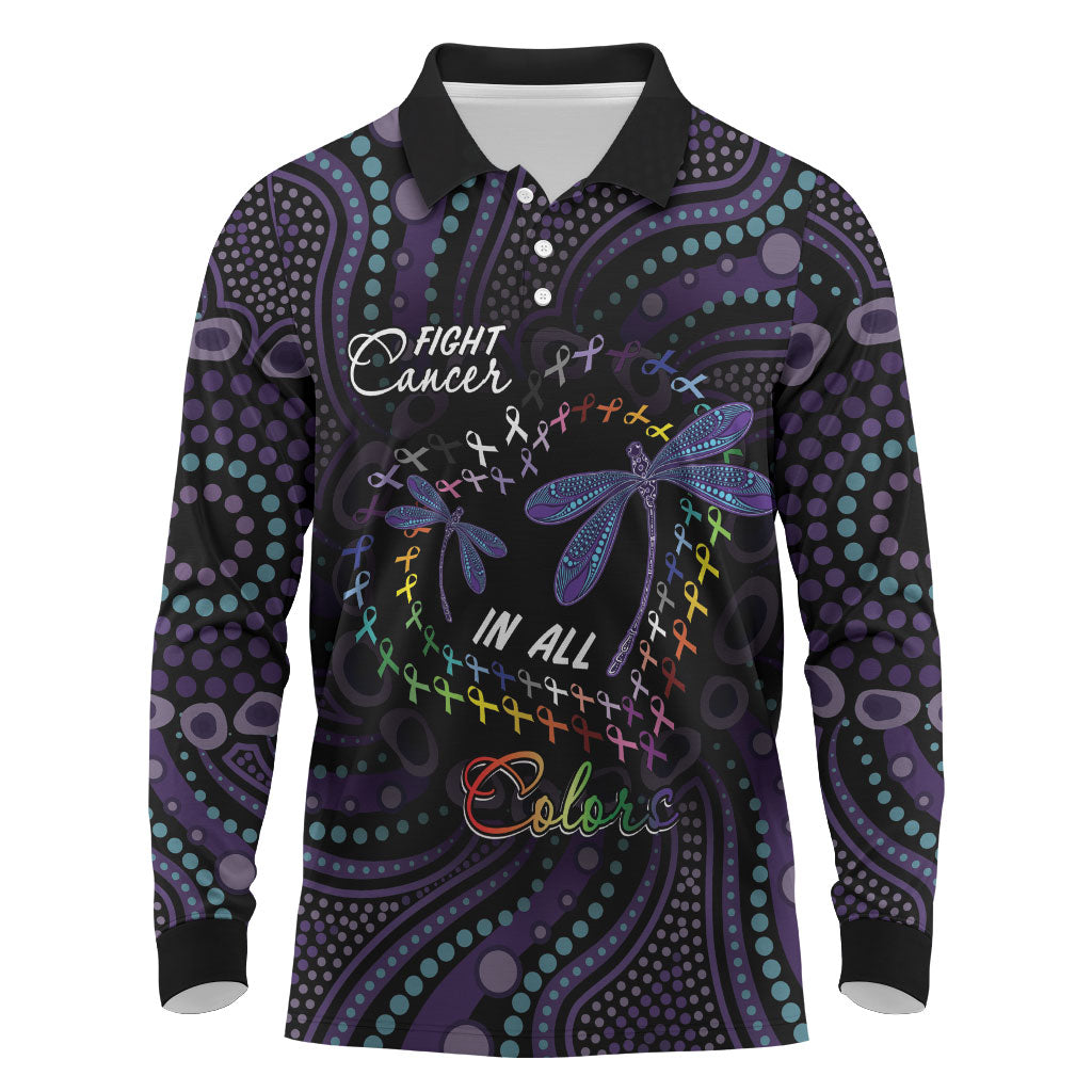 Fight Cancer In All Colors Australia Indigenous Personalized Long Sleeve Polo Shirt Dragonflies Aboriginal Art