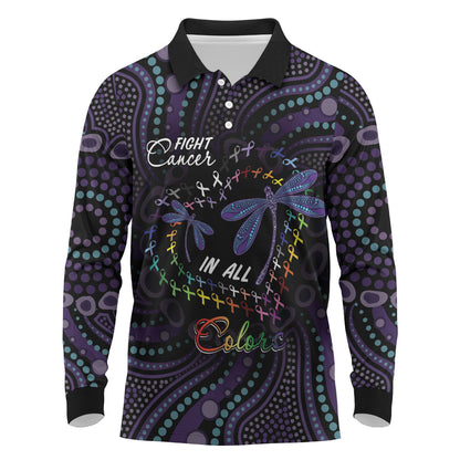Fight Cancer In All Colors Australia Indigenous Personalized Long Sleeve Polo Shirt Dragonflies Aboriginal Art