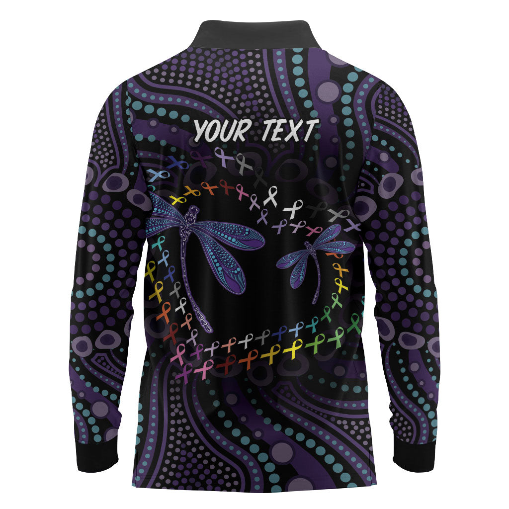 Fight Cancer In All Colors Australia Indigenous Personalized Long Sleeve Polo Shirt Dragonflies Aboriginal Art